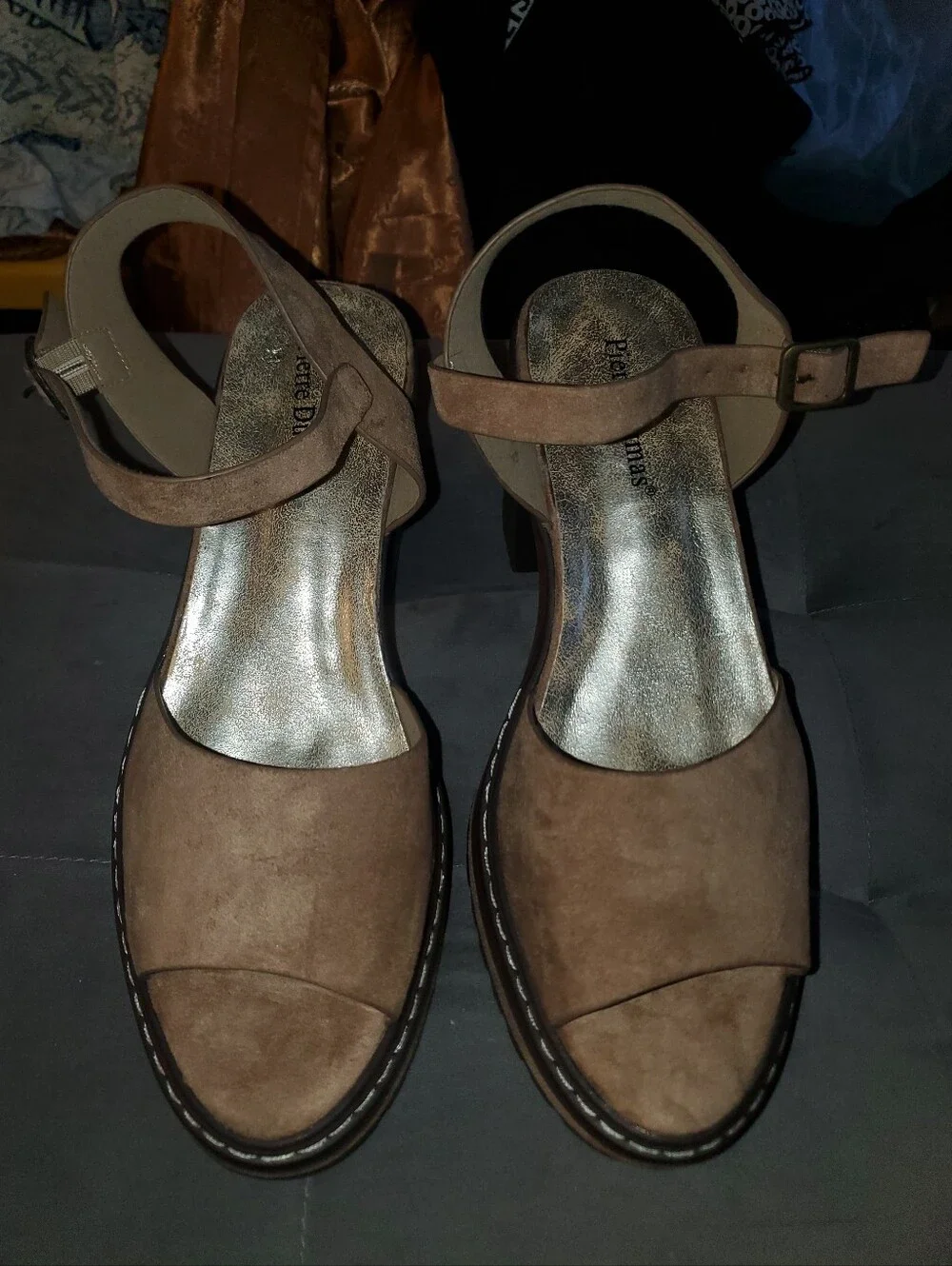 *Brand New* Pierre Dumas ankle strap brown suede + wood platform heels - Size 10